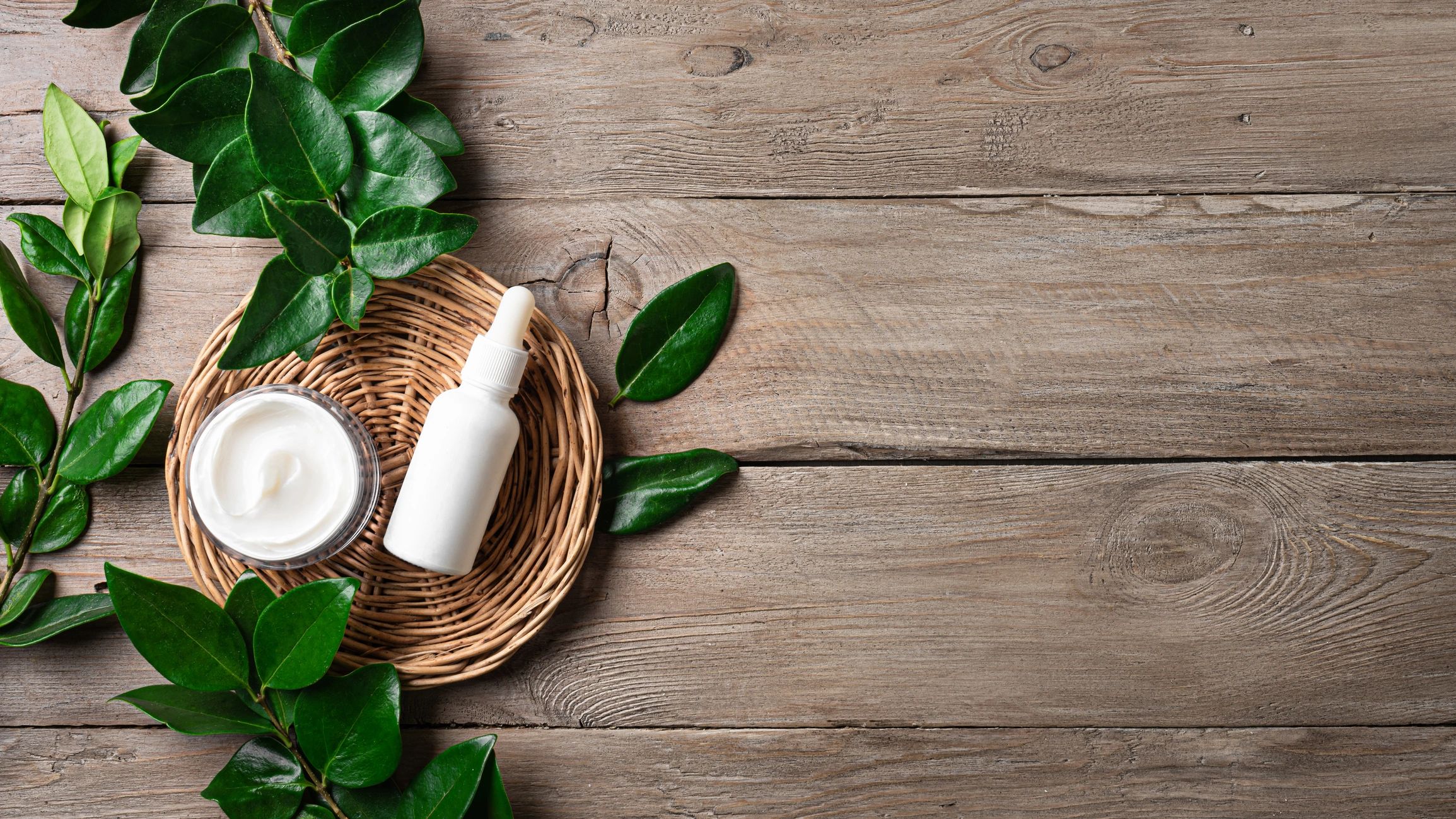 Natural cosmetic products and green leaves